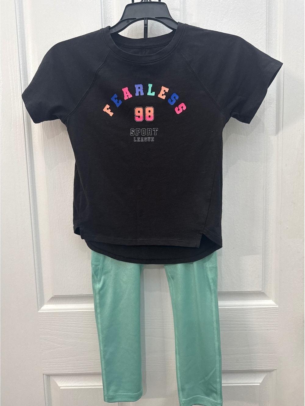 Girls Athletic Black 'Fearless 98 Sport' T-Shirt and Mint Green Tek Gear Legging